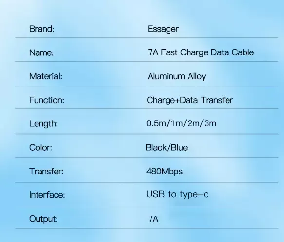 Кабель ESSAGER USB Type-C 7А Q.C. 3.0-4.0 Довжина 1 метр