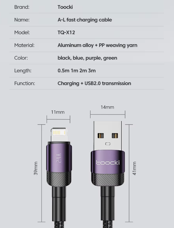 Кабель Toocki USB - lightning для Apple iPhone iPad 2.4А довжина 2 метри швидка зарядка і передача даних