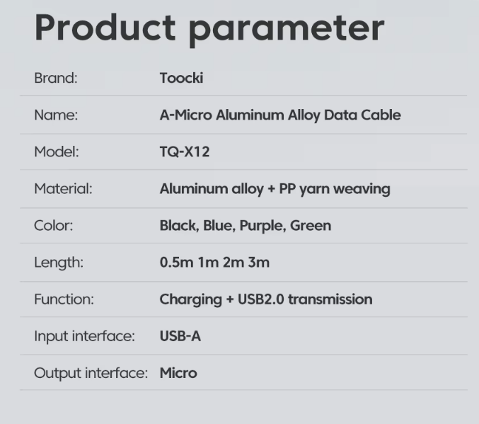 Кабель Toocki 2.4A Micro USB 1 метр Q.C. 3.0 4.0 швидка зарядка і передача даних